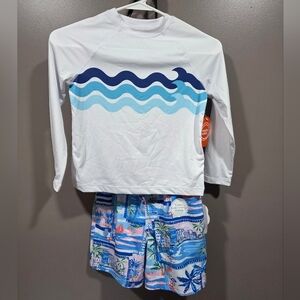 Kids White Rash Guard with Blue Wave Design